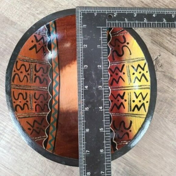 Tribal Art Hand Painted Glossy Bowl 7.25" dia Two-Tone Wood Decor Trinket - Picture 7 of 8